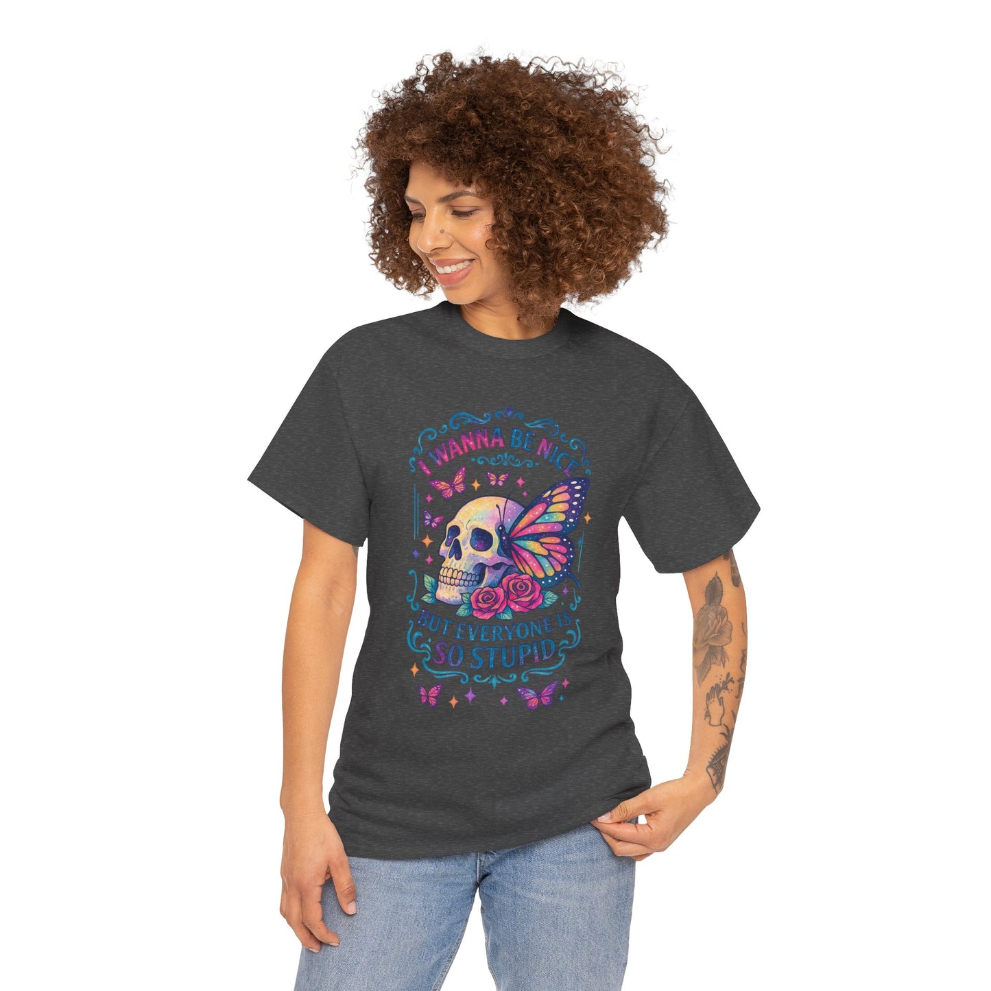 Colorful Skull & Butterfly Graphic Tee - Unique Gift for Halloween, Birthdays, Everyday Wear, Art Lovers, Funny Statement Shirt