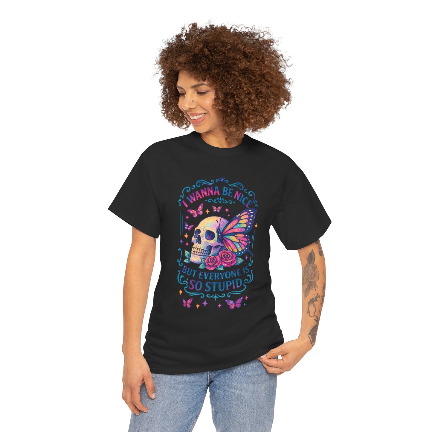 Colorful Skull & Butterfly Graphic Tee - Unique Gift for Halloween, Birthdays, Everyday Wear, Art Lovers, Funny Statement Shirt