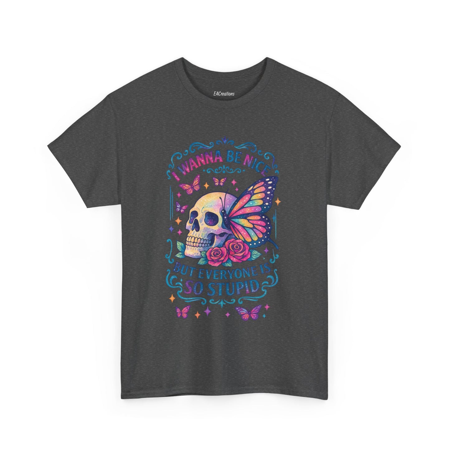 Colorful Skull & Butterfly Graphic Tee - Unique Gift for Halloween, Birthdays, Everyday Wear, Art Lovers, Funny Statement Shirt