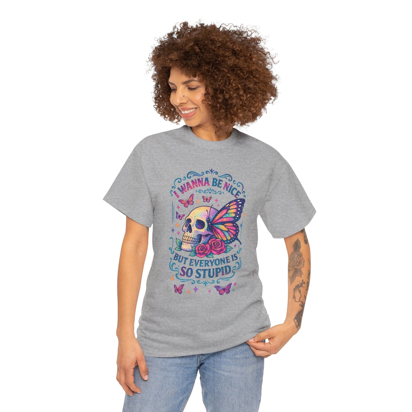 Colorful Skull & Butterfly Graphic Tee - Unique Gift for Halloween, Birthdays, Everyday Wear, Art Lovers, Funny Statement Shirt