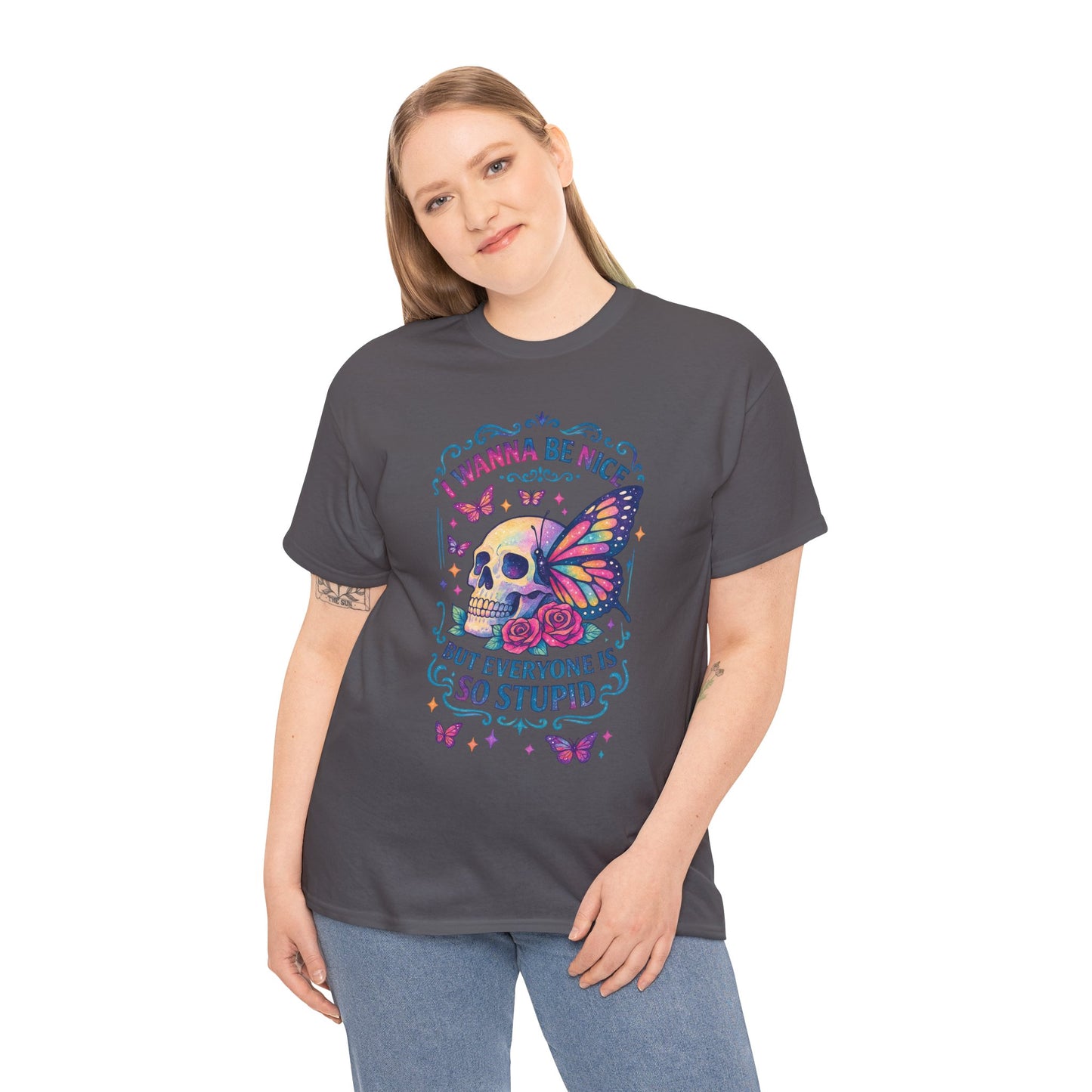 Colorful Skull & Butterfly Graphic Tee - Unique Gift for Halloween, Birthdays, Everyday Wear, Art Lovers, Funny Statement Shirt
