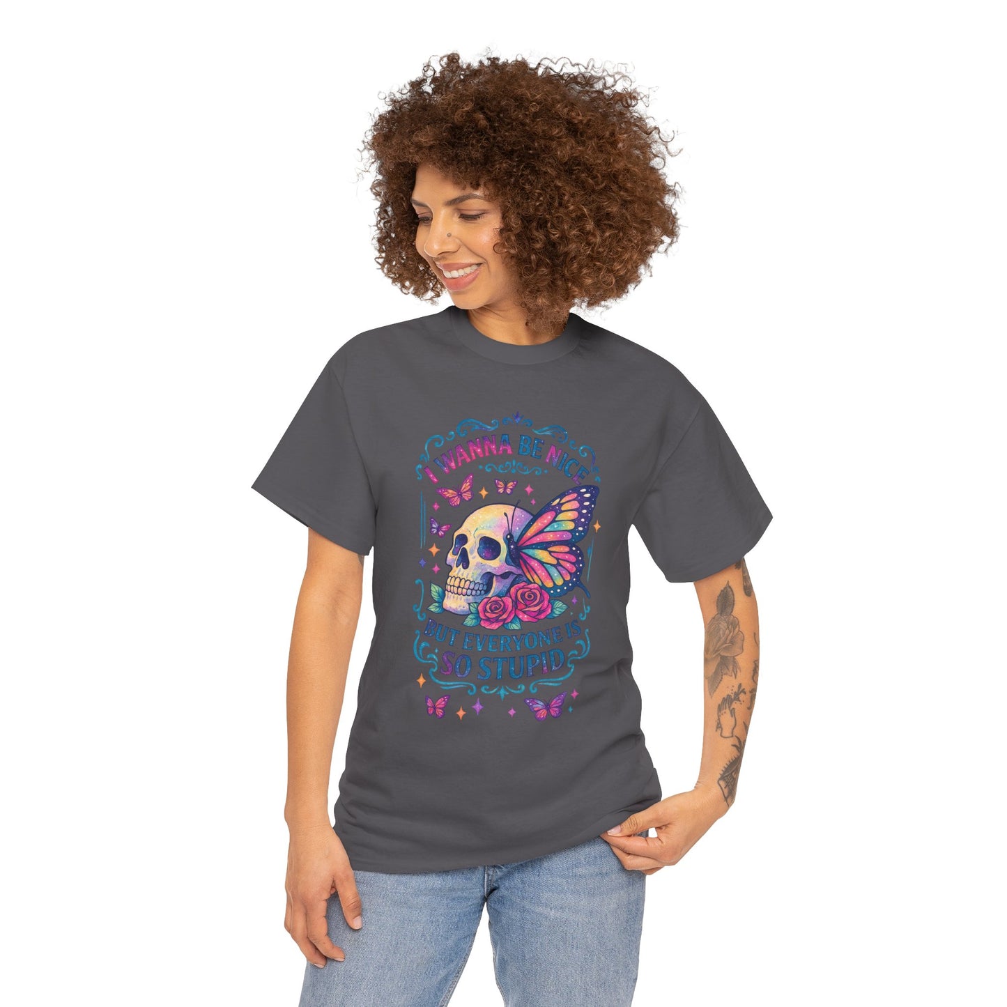 Colorful Skull & Butterfly Graphic Tee - Unique Gift for Halloween, Birthdays, Everyday Wear, Art Lovers, Funny Statement Shirt
