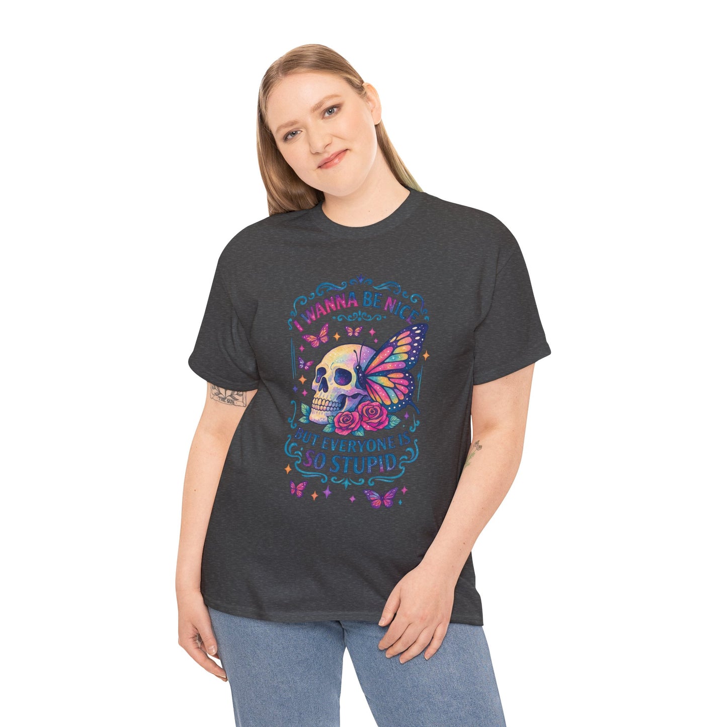 Colorful Skull & Butterfly Graphic Tee - Unique Gift for Halloween, Birthdays, Everyday Wear, Art Lovers, Funny Statement Shirt