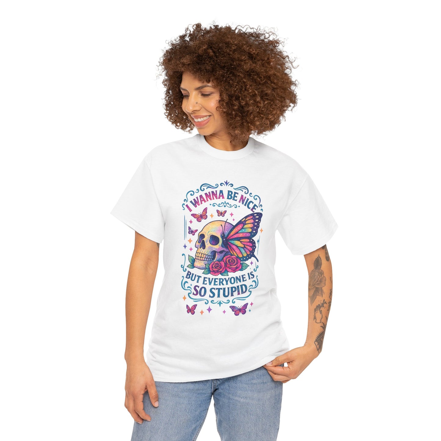 Colorful Skull & Butterfly Graphic Tee - Unique Gift for Halloween, Birthdays, Everyday Wear, Art Lovers, Funny Statement Shirt