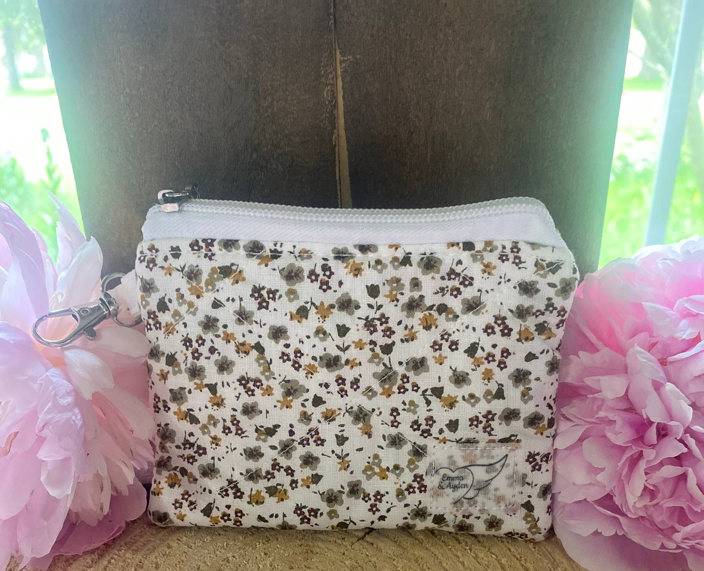 White with Brown and yellow floral Keychain Wallet (Limited Edition Fabric)