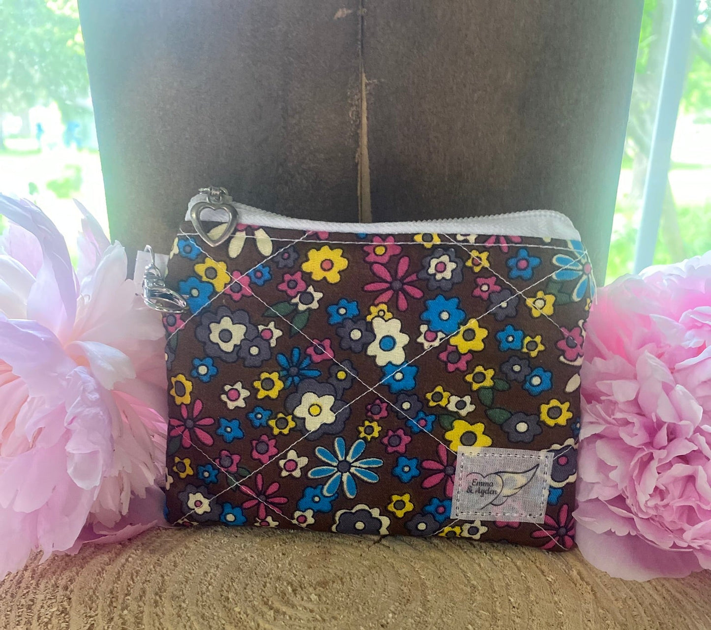 Brown and colorful flower Keychain Wallet (Limited Edition fabric)