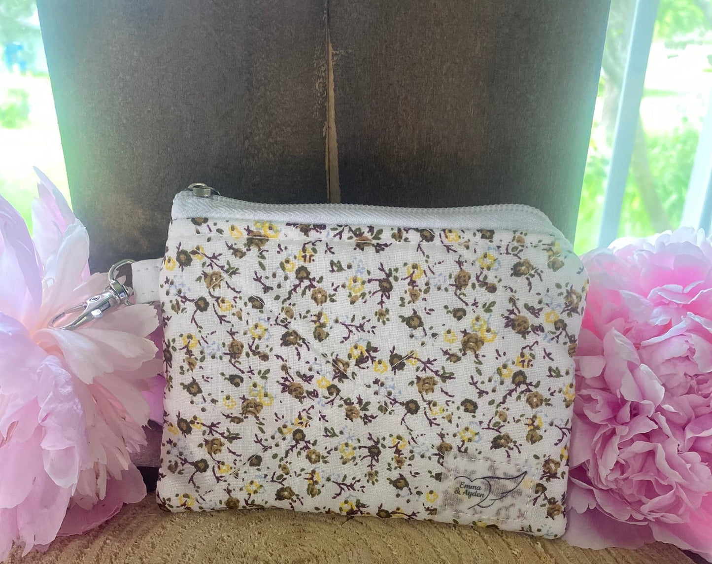 White with Brown & Yellow floral Keychain Wallet