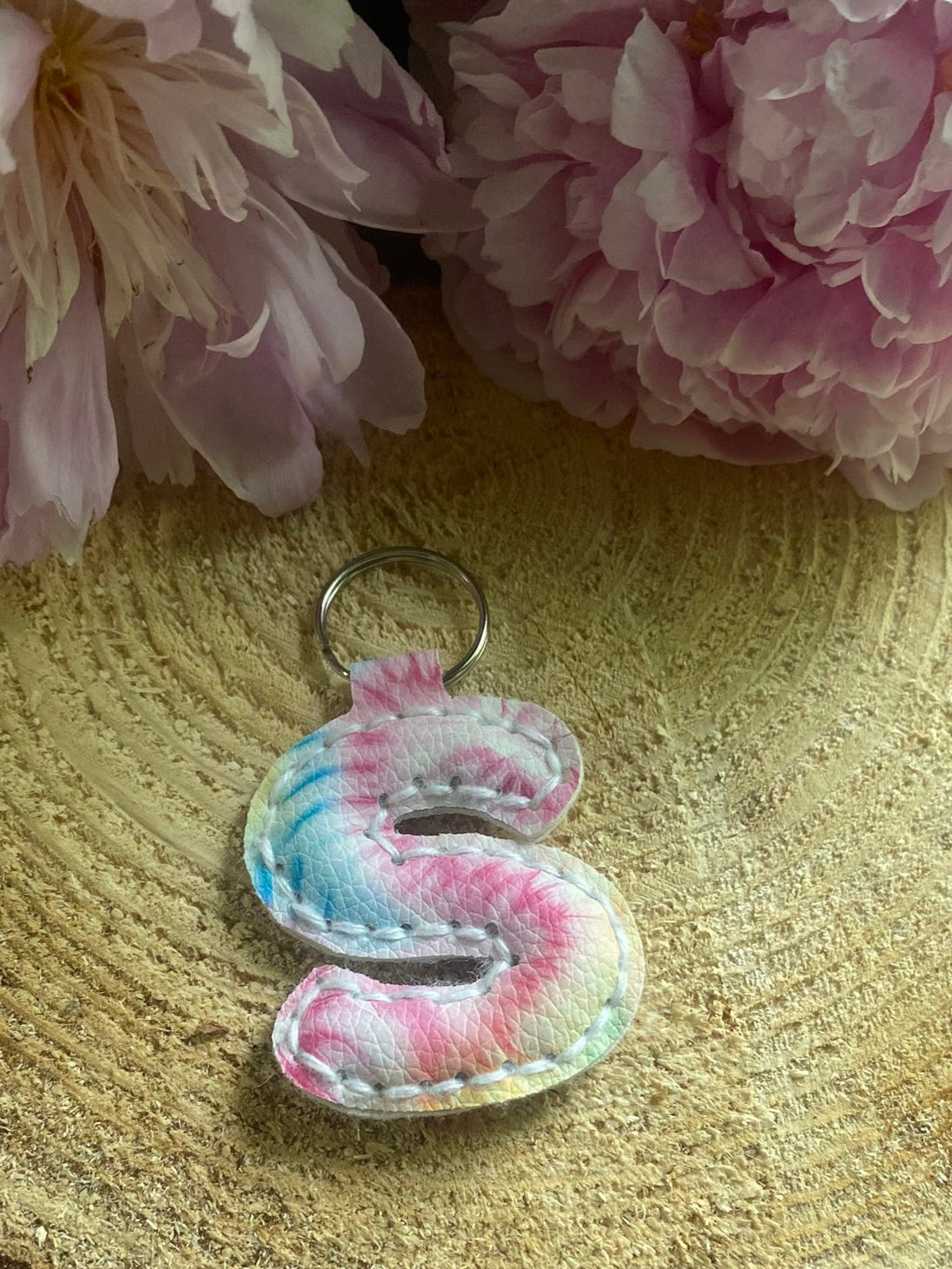 Letter S tie dye faux leather key chain