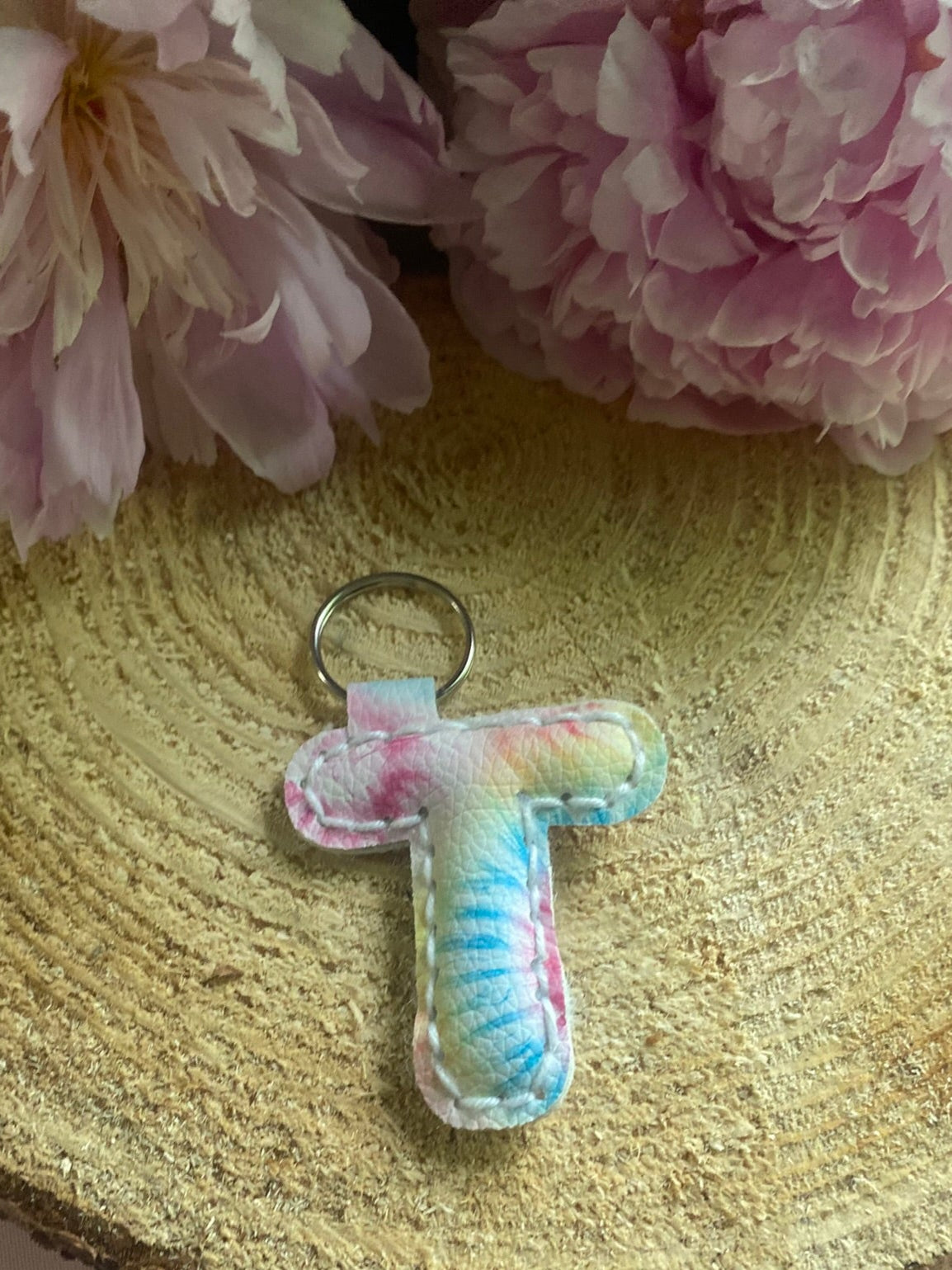 Letter T tie dye faux leather key chain