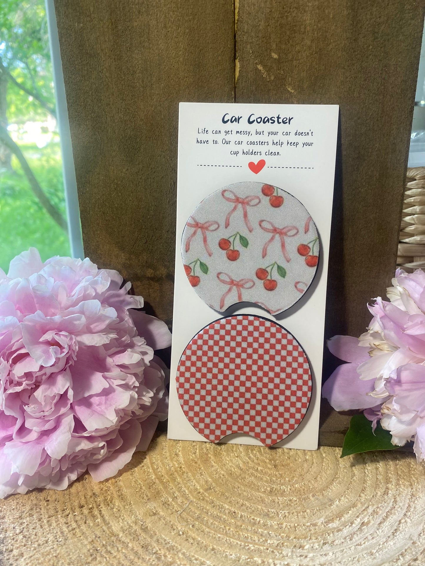 Cherry & Pink Bow and Red Check Car Coaster set