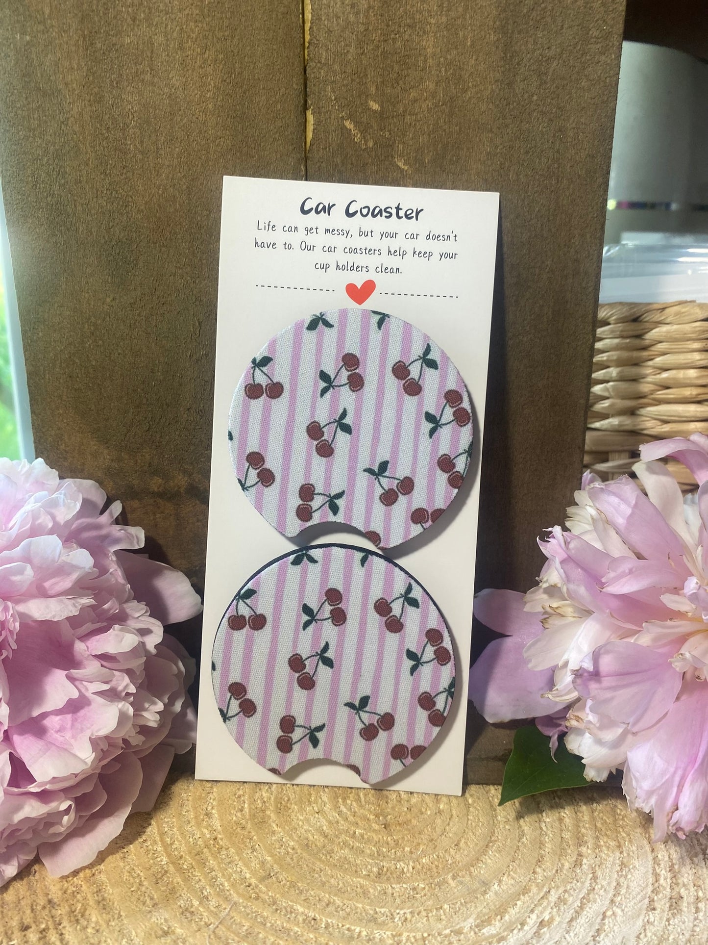 Cherry & Pink stripe Car Coaster set
