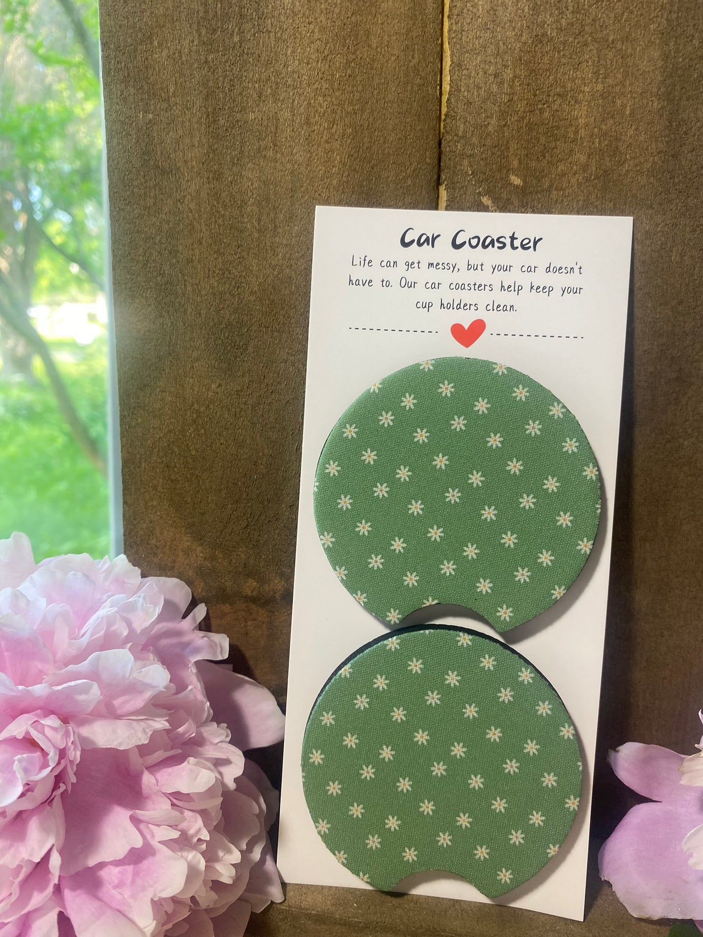 Sage and White Daisey Car Coaster set