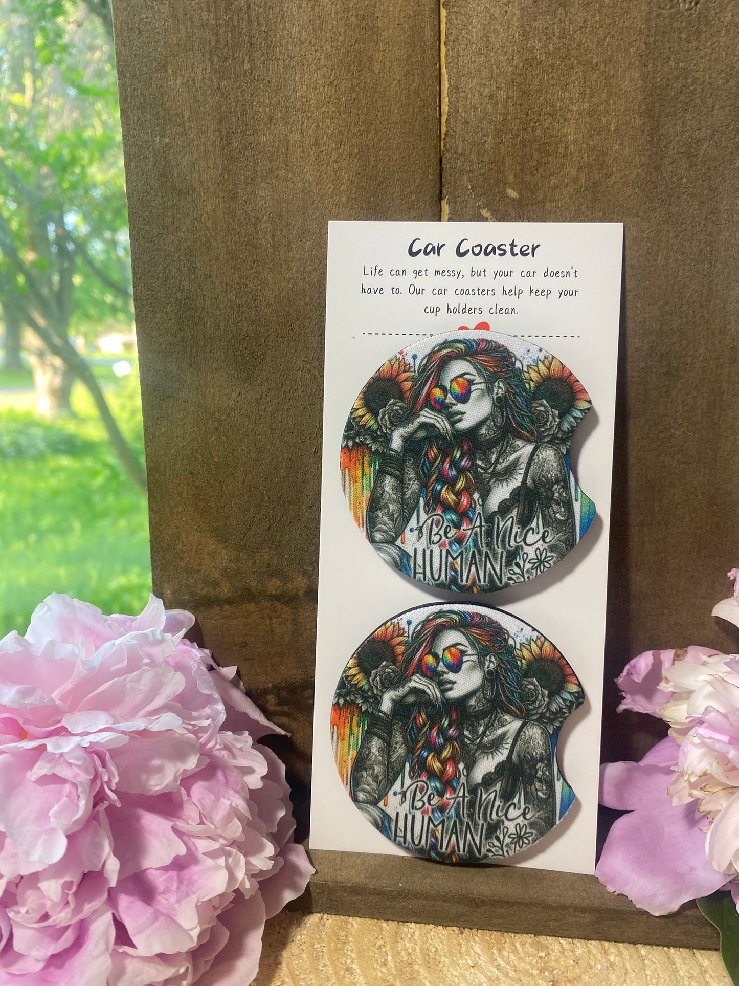 Be a Nice Human Car Coaster set