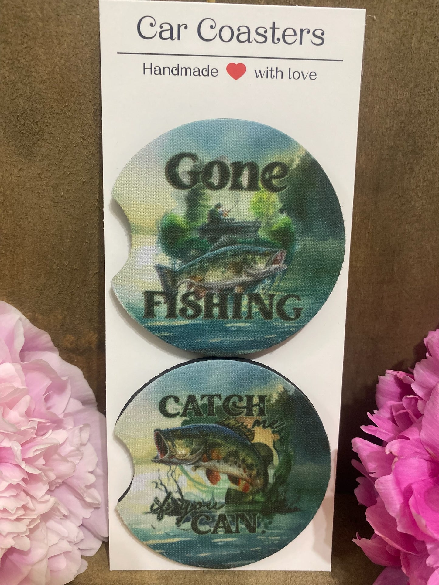 Gone Fishing & Catch me if you can Car Coaster set
