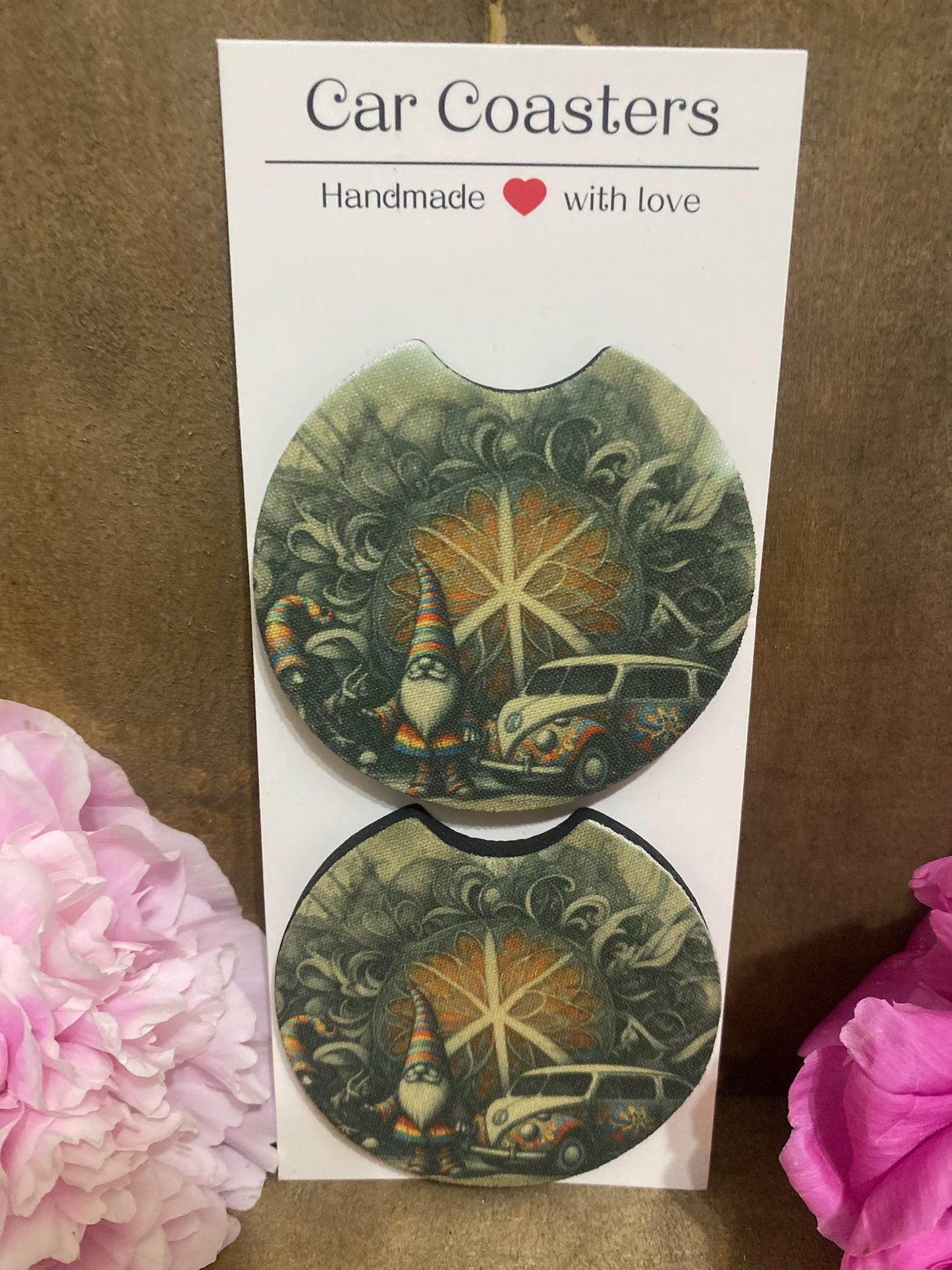 Hippie Gnome and Vintage Van Car Coaster set