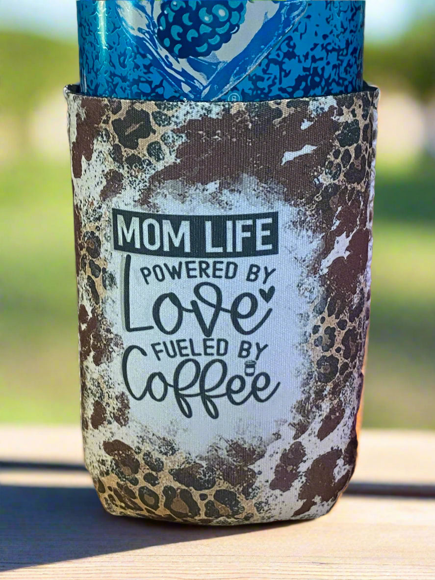 Mom life powered by love and coffee 12oz. can koozie