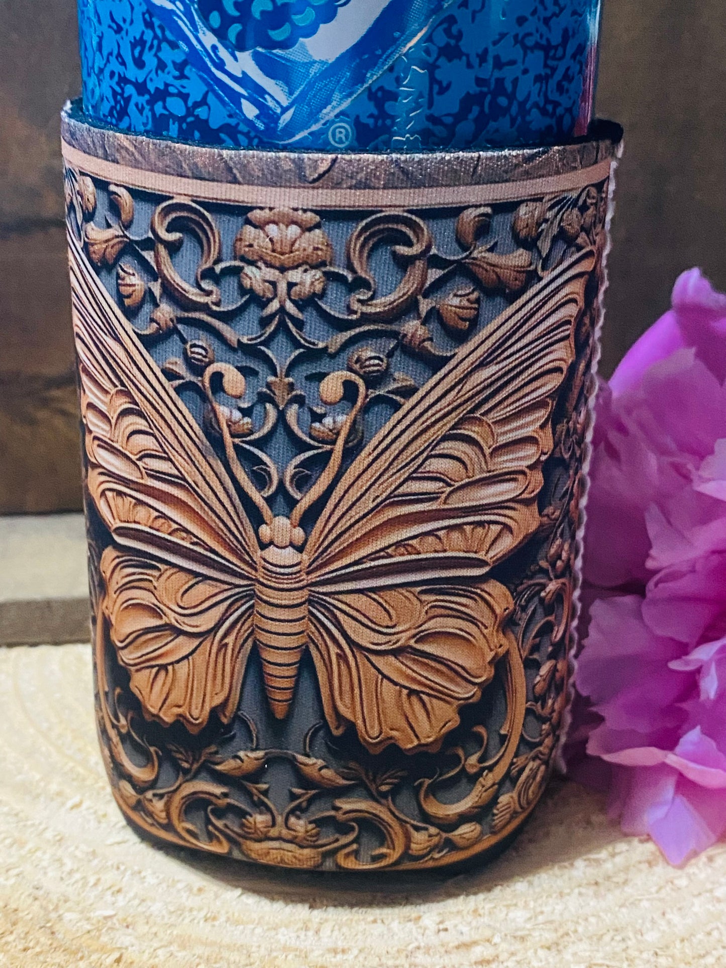 Butterfly faux carved wood 12oz. can koozie