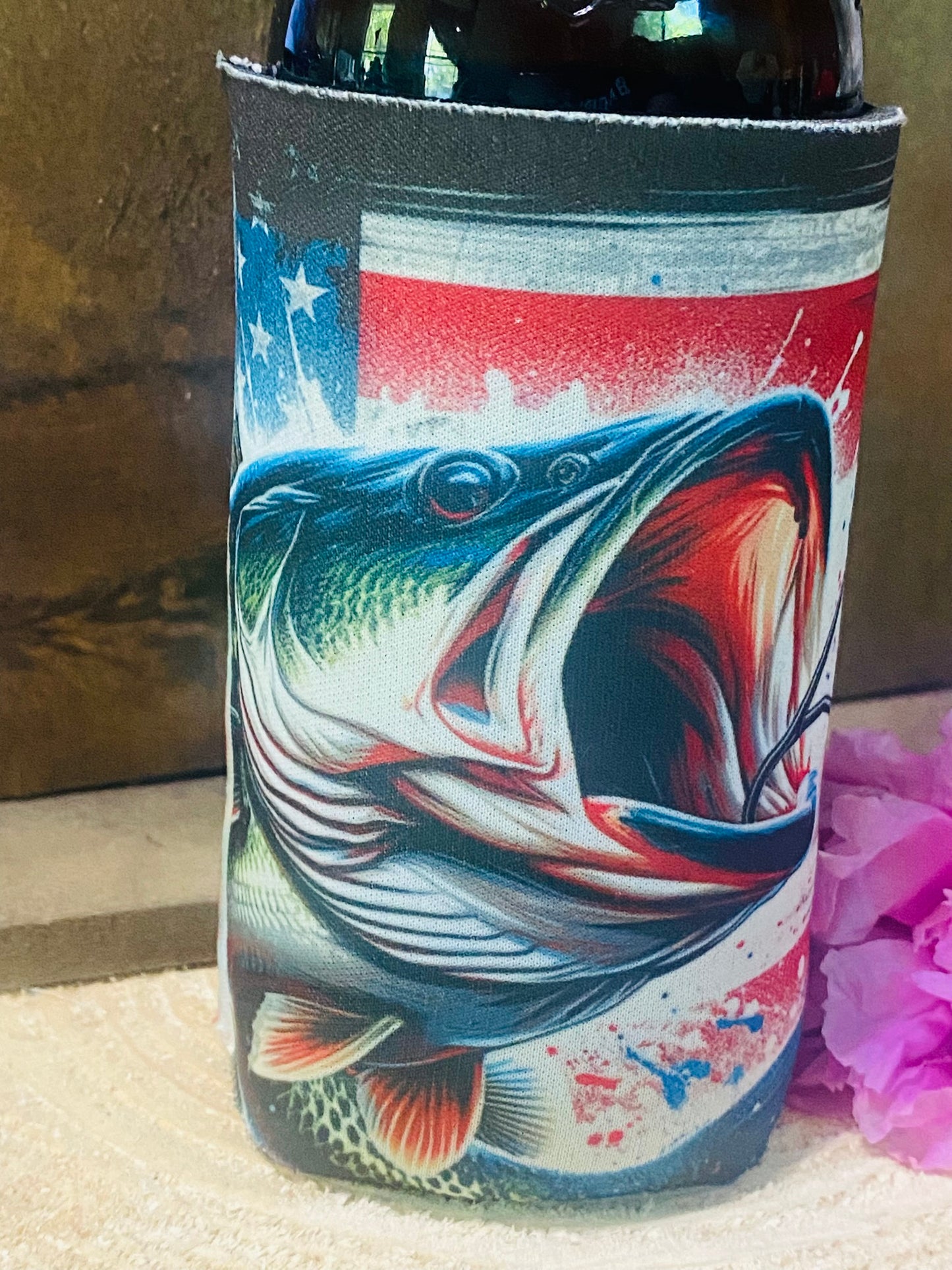 American Flag and Fish slim can/ bottle koozie