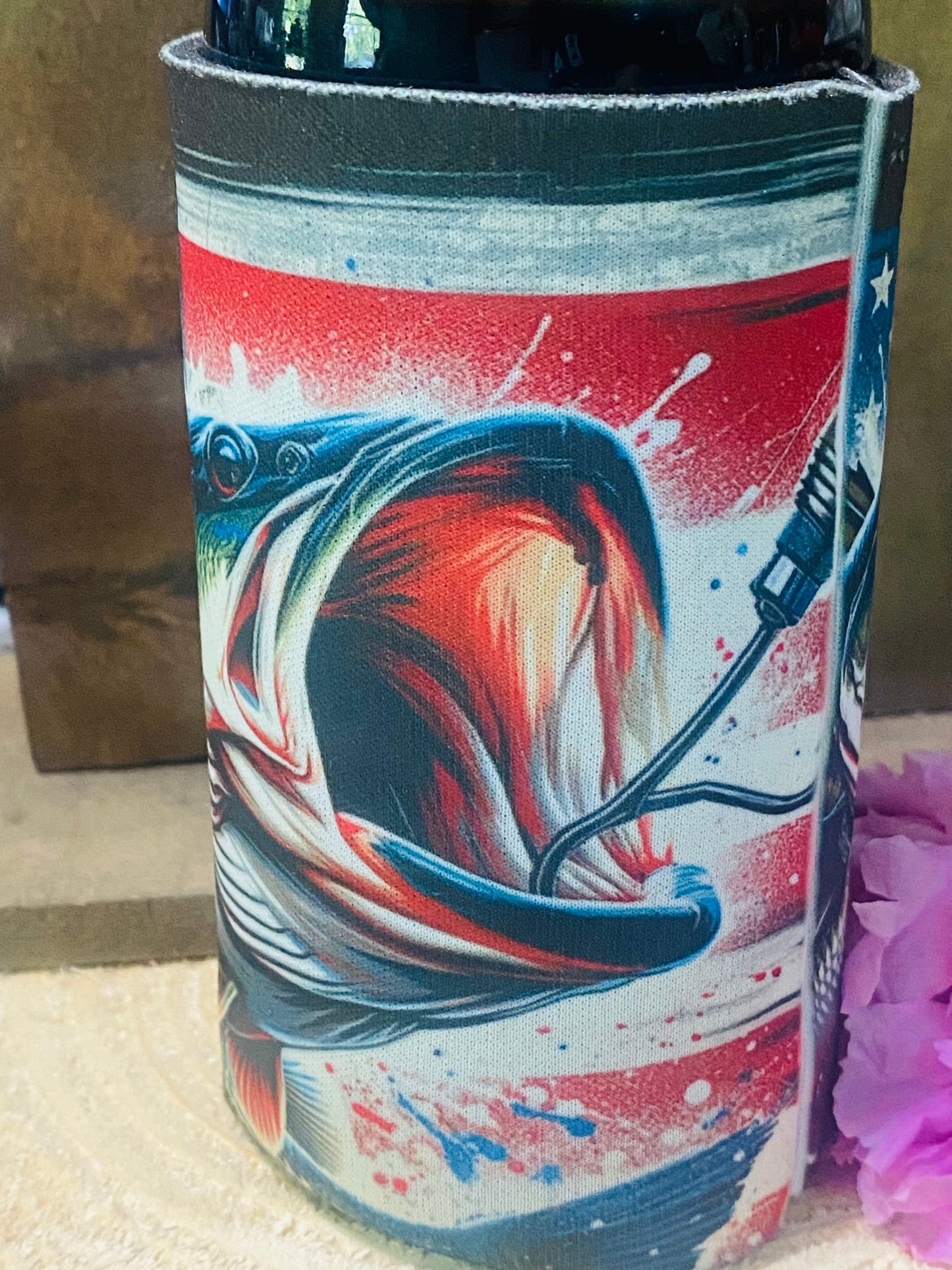American Flag and Fish slim can/ bottle koozie