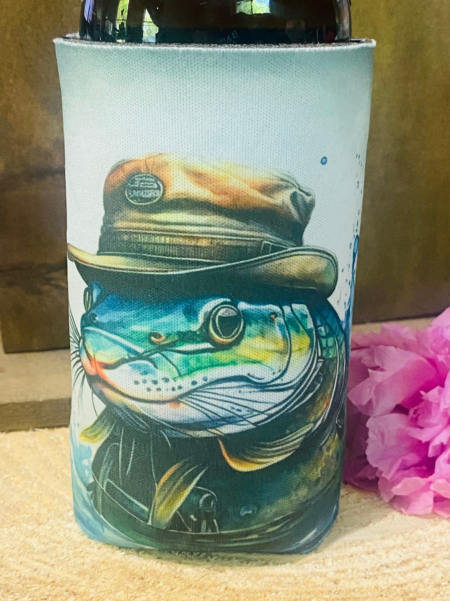 Catfish with hat slim can/ bottle koozie
