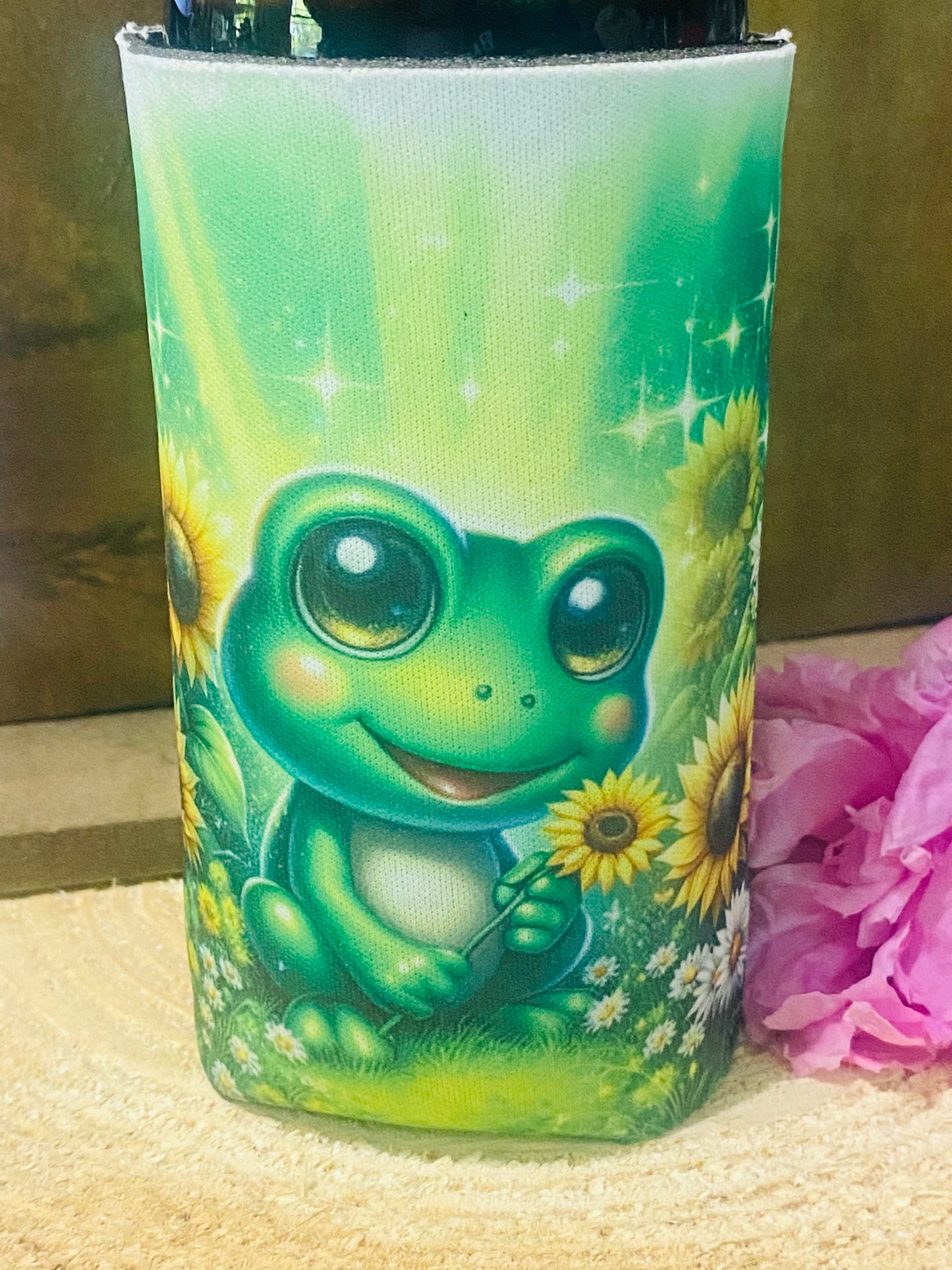 Frog Sunflower slim can/ bottle koozie