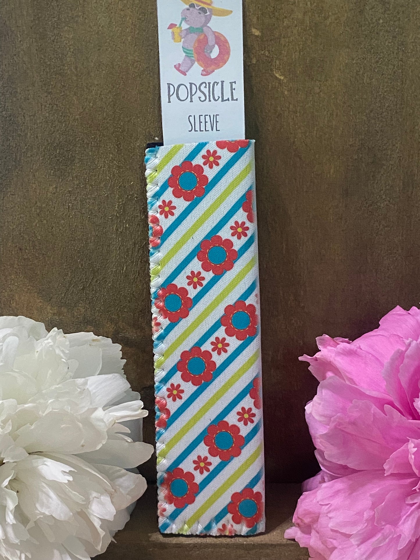 Freeze pop sleeve, Diagonal stripes with red flowers