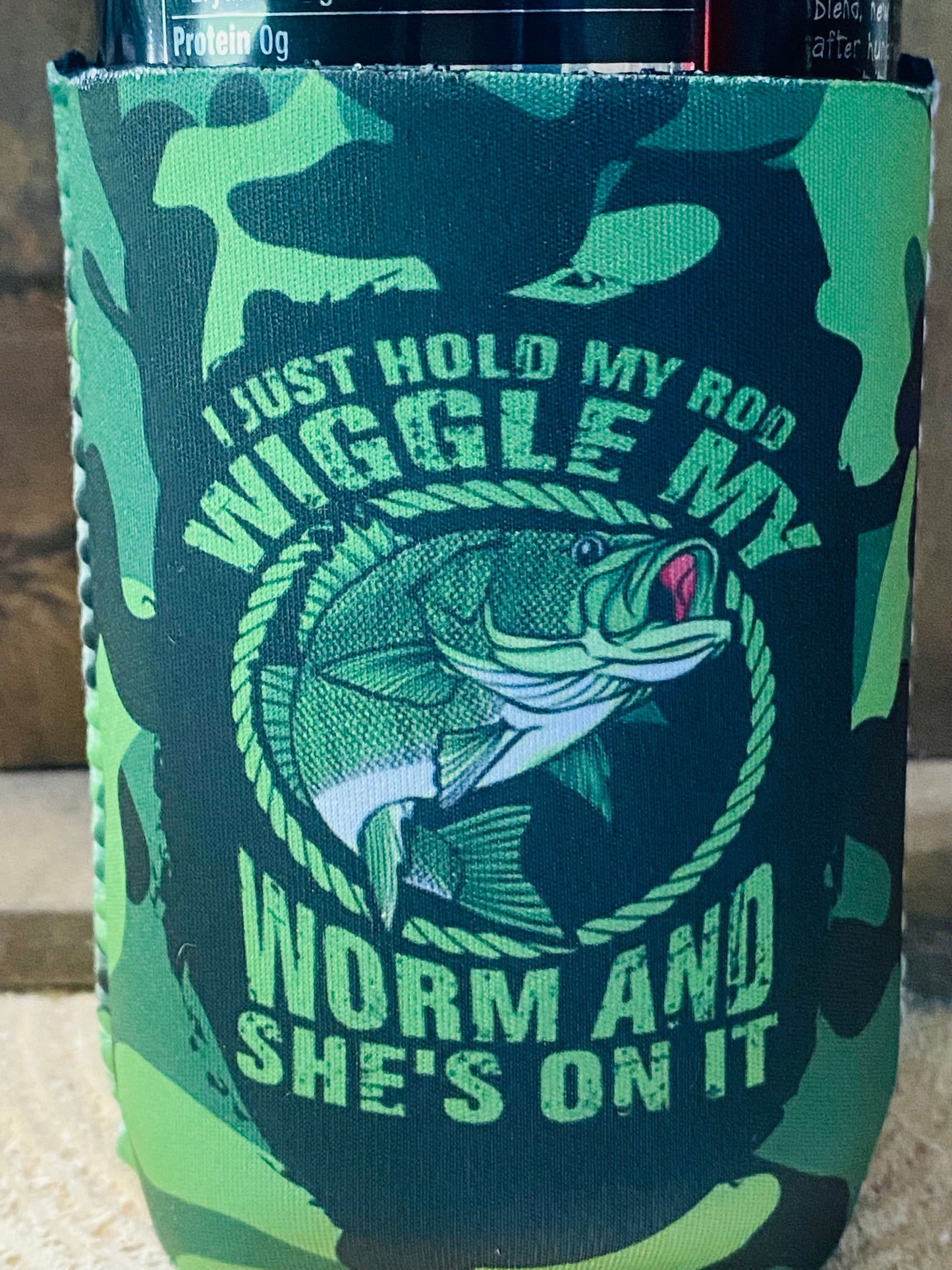 I hold my rod and wiggle my worm fishing 12oz. can koozie