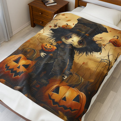 Halloween-Themed Velveteen Plush Blanket, Cozy Throw for Fall Nights, Pumpkin Decor, Scary Movie Nights, Gift for Horror Lovers