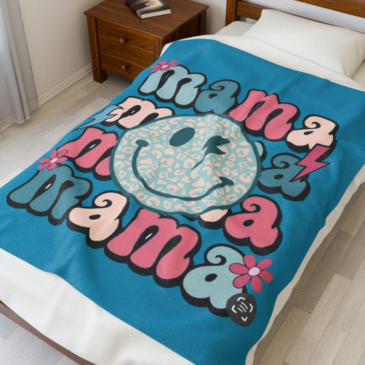 Colorful Mama Smiley Velveteen Blanket, Soft Throw for Home, Cozy Gift for Moms, Birthday Present, Cheerful Home Decor