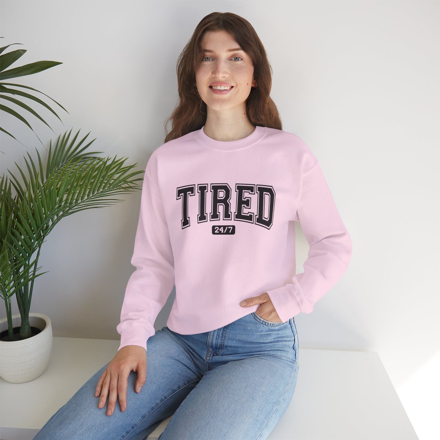 Tired 24/7 Unisex Crewneck Sweatshirt, Cozy Loungewear, Gift for Friends, Relaxing Apparel, Everyday Casual Wear