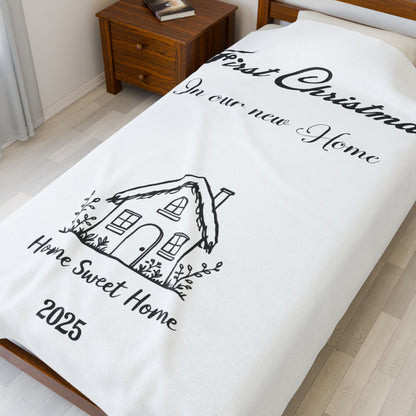 Personalized First Christmas In our new home Plush Blanket, Cozy Home Decor, New Home Gift, Holiday Gift, Warm Throw for Couples