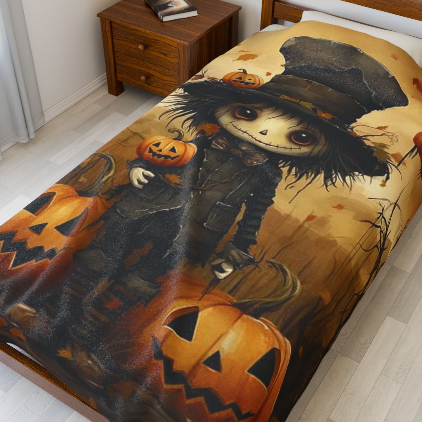 Halloween-Themed Velveteen Plush Blanket, Cozy Throw for Fall Nights, Pumpkin Decor, Scary Movie Nights, Gift for Horror Lovers