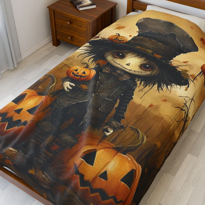 Halloween-Themed Velveteen Plush Blanket, Cozy Throw for Fall Nights, Pumpkin Decor, Scary Movie Nights, Gift for Horror Lovers