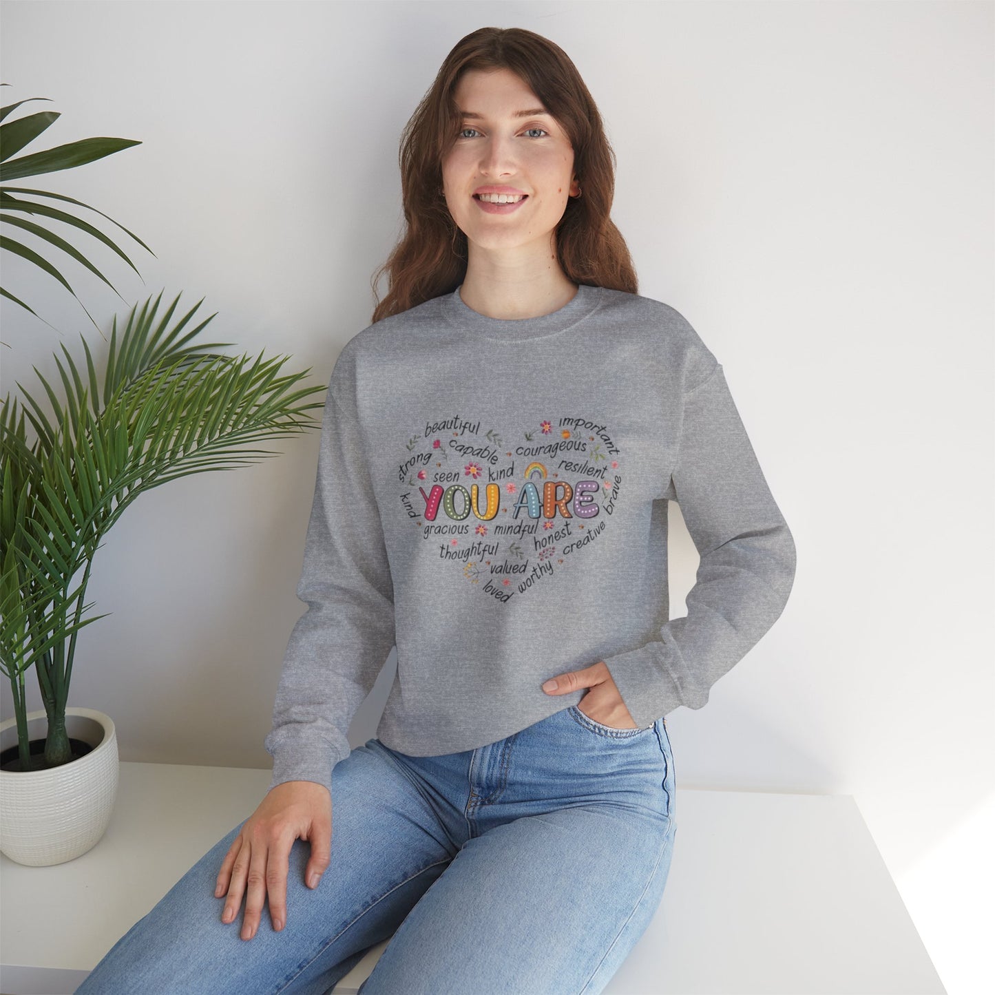 Heartfelt Affirmations Crewneck Sweatshirt, Inspirational Gift, Unisex Pullover, Cozy Layer, Thoughtful Gift for Holidays