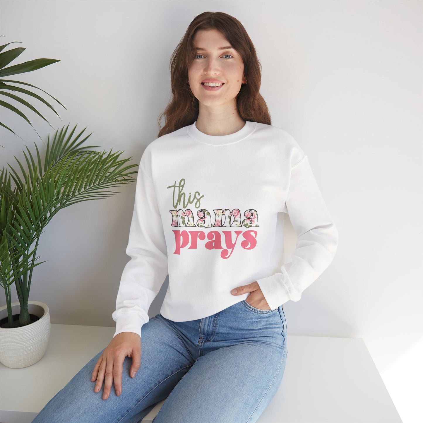 This Mama Prays Crewneck Sweatshirt, Cozy Mom Sweatshirt, Prayer Sweatshirt, Gift for Mom, Mother's Day Apparel, Unisex Sweatshirt