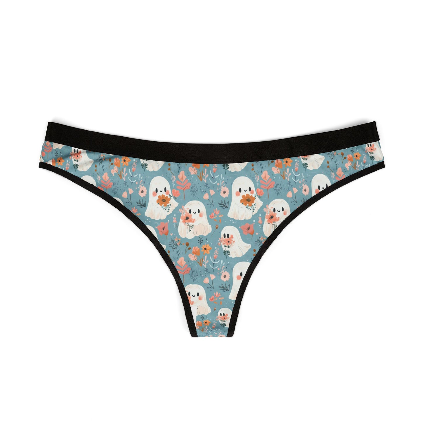 Quirky Floral & Ghost Women's Thongs, Cute Underwear Gift, Fun Lingerie, Everyday Comfort, Unique Panties