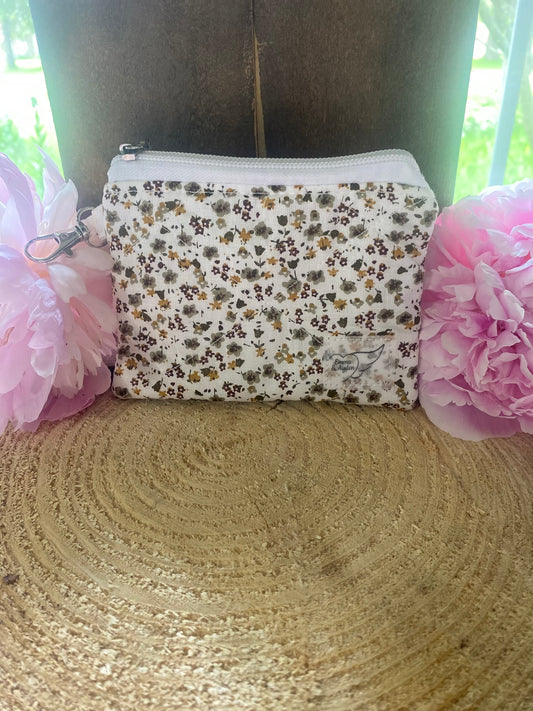 White with Brown and yellow floral Keychain Wallet (Limited Edition Fabric)