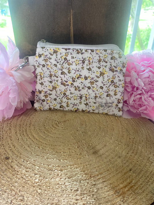 White with Brown & Yellow floral Keychain Wallet