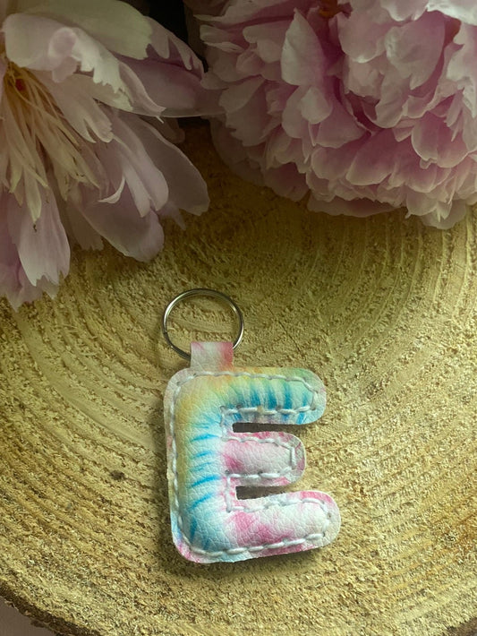 Letter E tie dye faux leather key chain