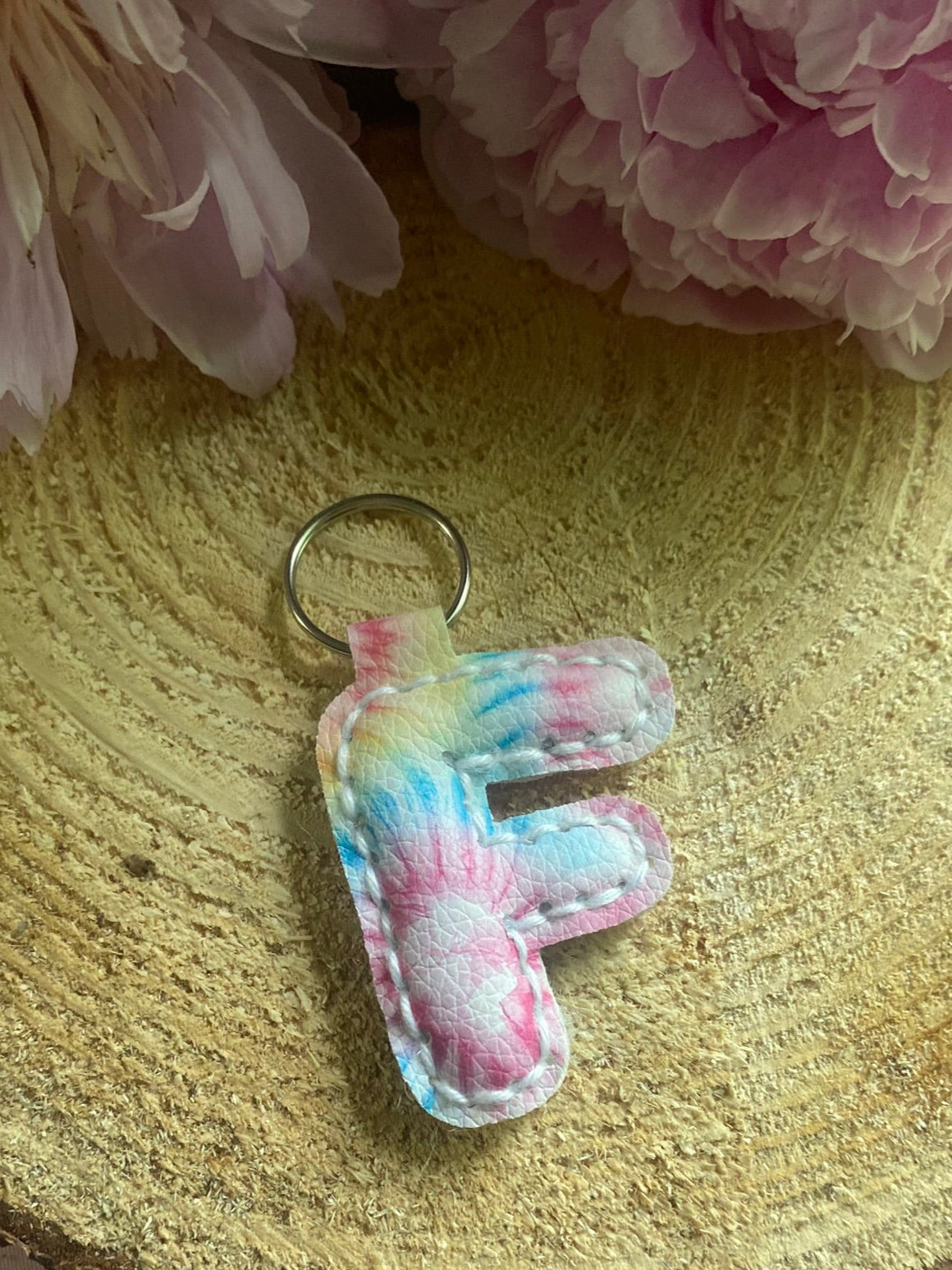 Letter F tie dye faux leather key chain