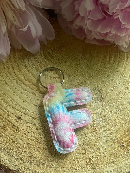 Letter F tie dye faux leather key chain