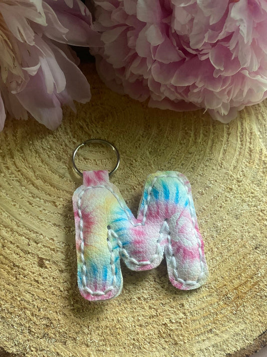 Letter M tie dye leather key chain