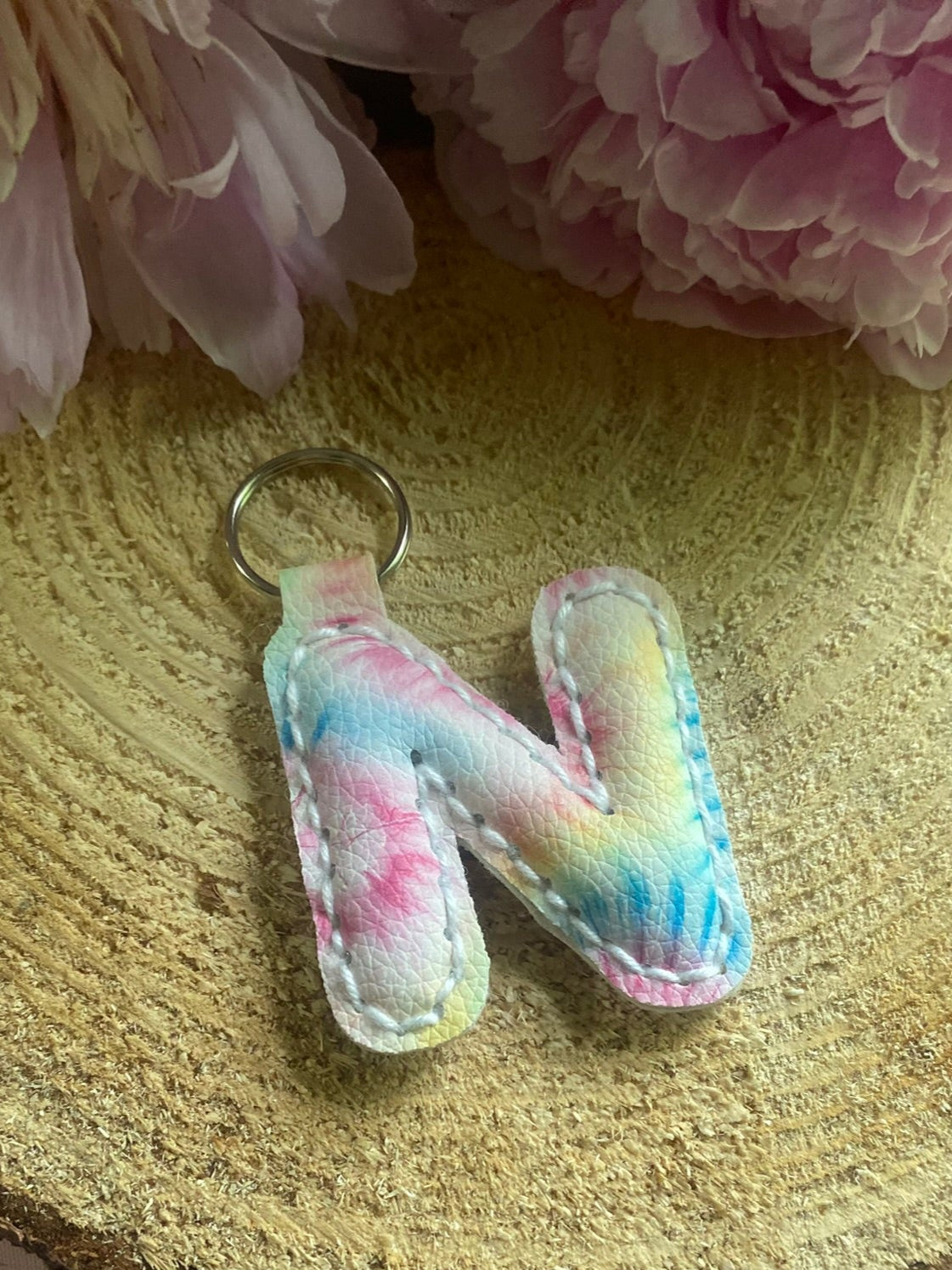 Letter N tie dye faux leather key chain