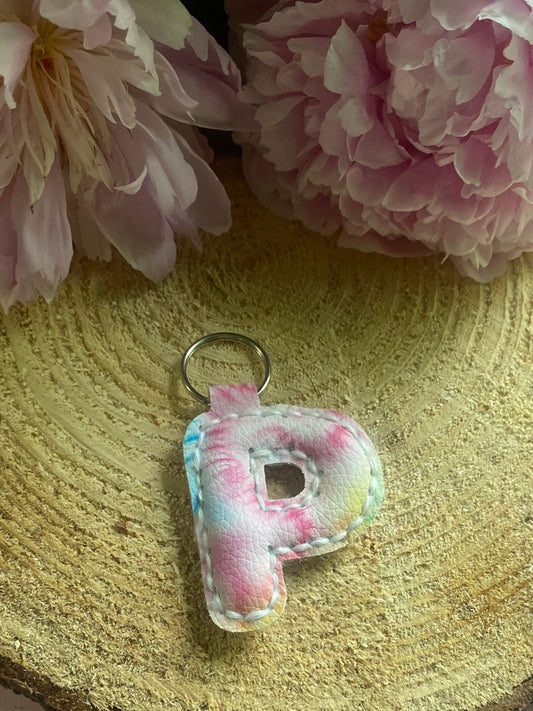 Letter P tie dye faux leather key chain