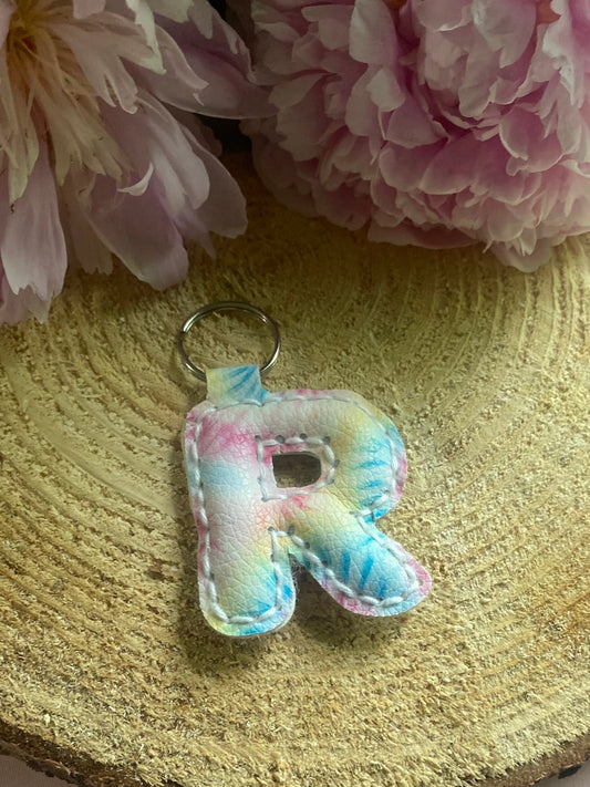 Letter R tie dye faux leather key chain