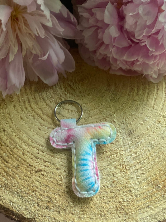 Letter T tie dye faux leather key chain