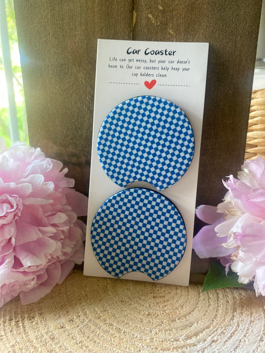 Blue Gingham Car Coaster set