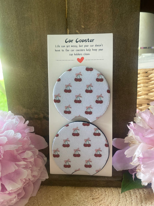 Cherry & Pink Bows Car Coaster set