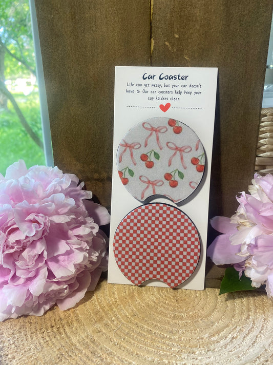 Cherry & Pink Bow and Red Check Car Coaster set
