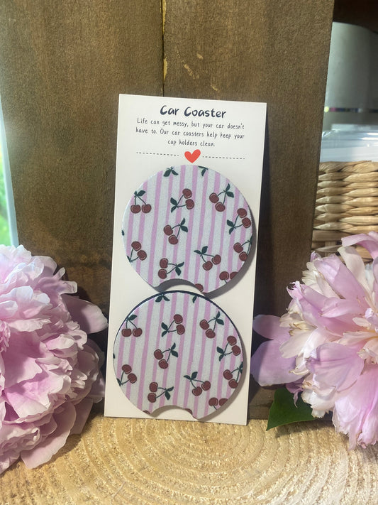 Cherry & Pink stripe Car Coaster set